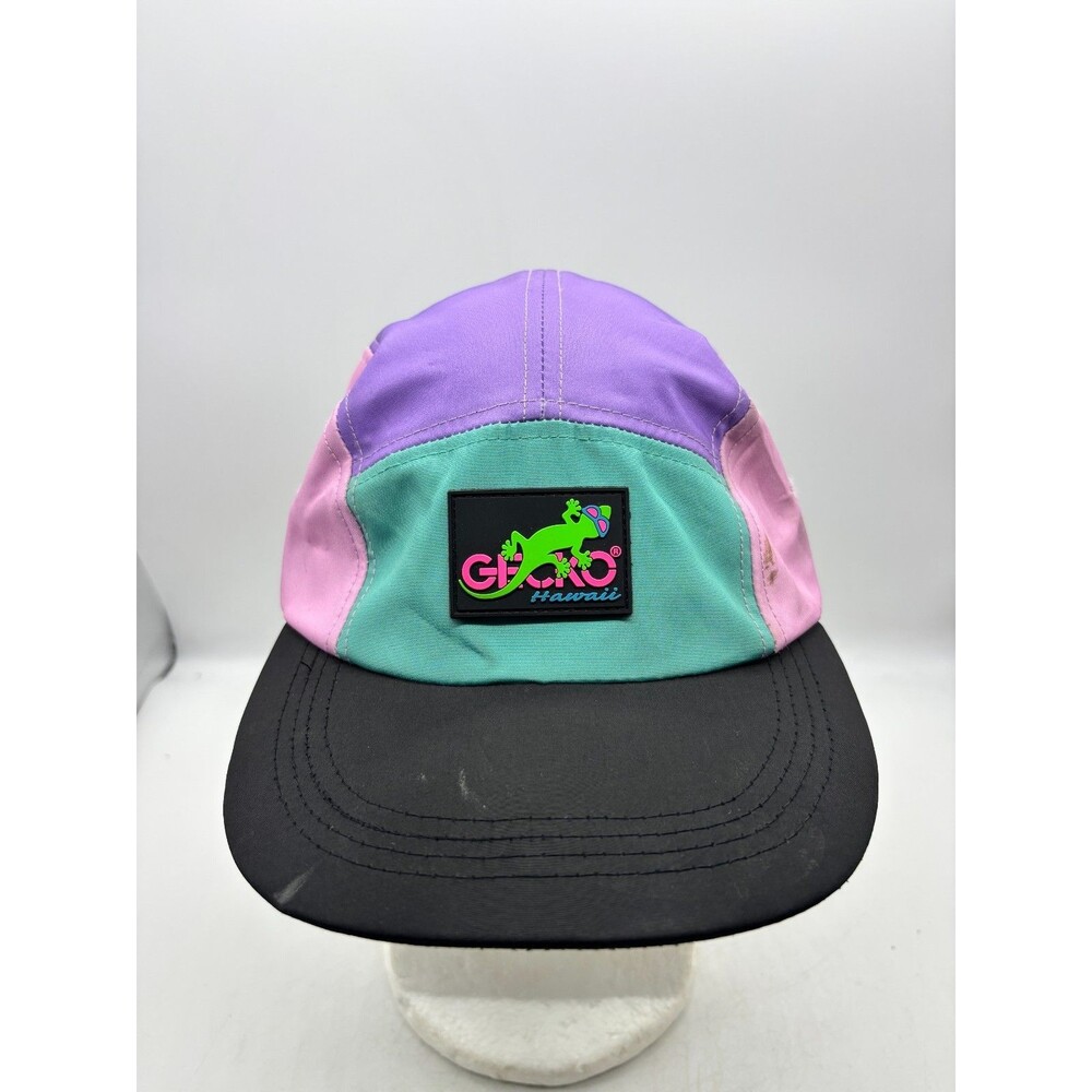 Vintage Gecko Hawaii Hat Neon Colorblock 5 Panel Nylon Camper Cap 90s Surf